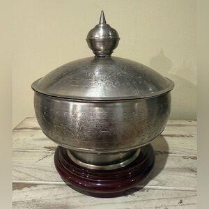 Engraved Silver Decorative Bowl with Lid and Wooden Base